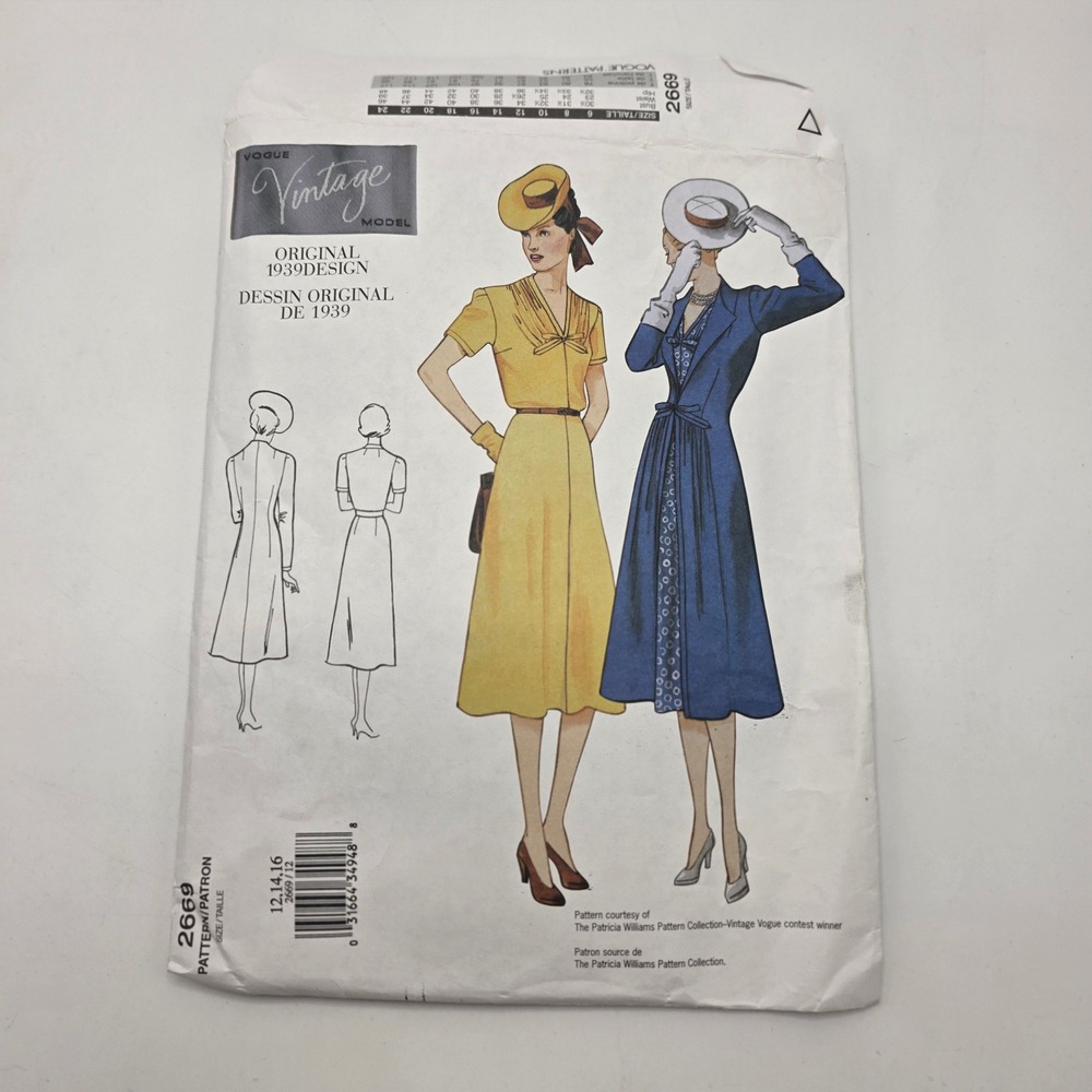 Vogue 2669 Sewing Pattern 1939 Vintage Model Dress Coat 12-16 Retro WWII Era DIY